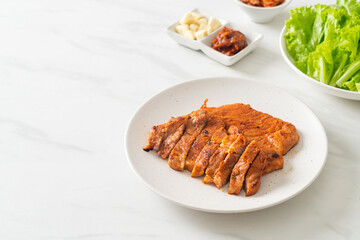 grilled pork marinated Kochujang sauce in Korean style with vegetable and kimchi