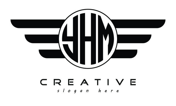 YHM three letter circle with wings logo design vector template. wordmark logo | emblem logo | monogram logo | initial letter logo | typography logo | business logo | minimalist logo |