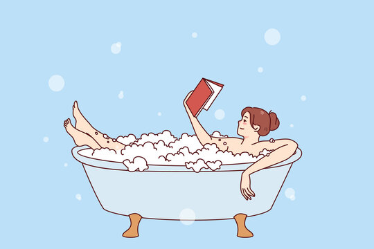 Happy young woman relaxing in bathtub with foam reading book. Calm girl rest in bath with bubbles enjoy literature reading. Weekend and relaxation. Vector illustration. 