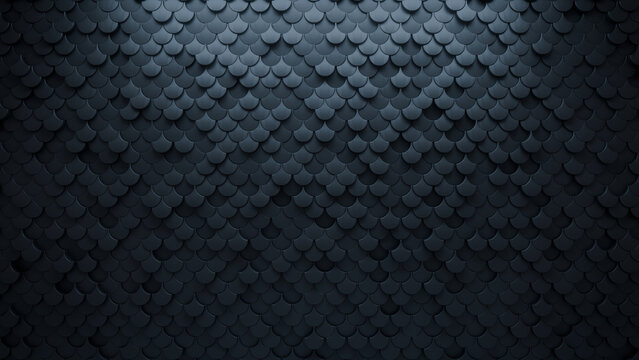 Fish Scale, Black Mosaic Tiles arranged in the shape of a wall. 3D, Semigloss, Bricks stacked to create a Polished block background. 3D Render
