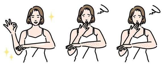 腕の肌トラブルに悩んでいる若い女性のセット
