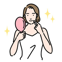 鏡を見て笑顔の若い女性
