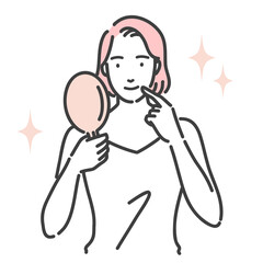 鏡を見て笑顔の若い女性
