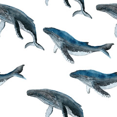 Naklejka premium Hand drawn watercolor seamless pattern with blue whale. Sea ocean marine animal, nautical underwater endangered mammal species. Blue gray illustration for fabric nursery decor, under the sea prints.
