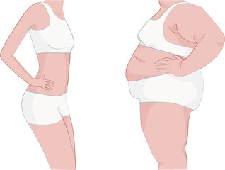 Fat and slim girls. Before and after. Weight loss concept. Vector illustration.