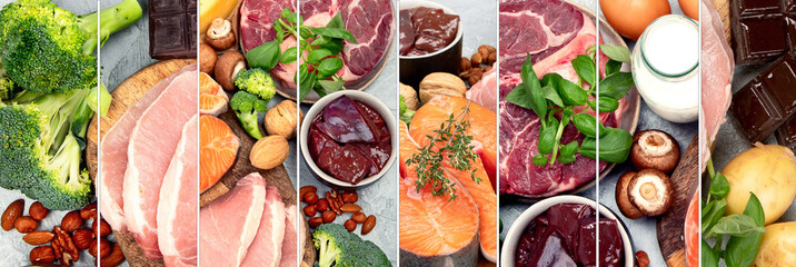 Collage of food high in vitamin B2.