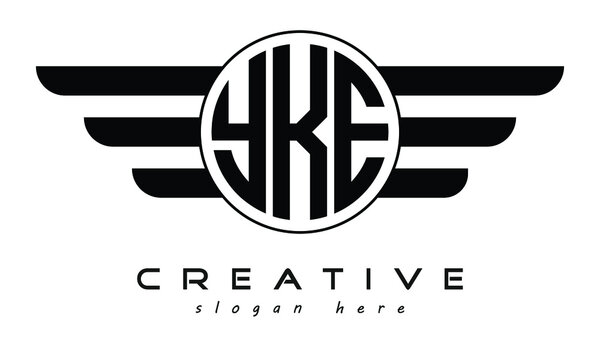 YKE three letter circle with wings logo design vector template. wordmark logo | emblem logo | monogram logo | initial letter logo | typography logo | business logo | minimalist logo |