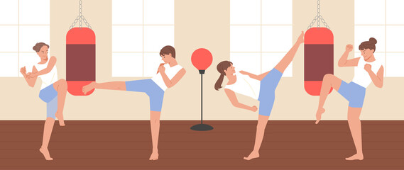 Fototapeta premium Many people in the gym are doing kickboxing. flat design style vector illustration.