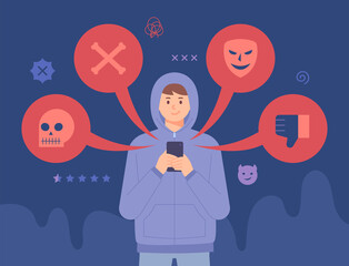 A boy in a hoodie is sending a bad message on his cellphone. Bad icons are formed around the boy. flat design style vector illustration.
