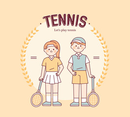 Tennis promotion banner template. Cute boy and girl characters wearing tennis jerseys and holding rackets. flat design style vector illustration.