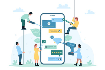 Mobile app development, programming vector illustration. Cartoon tiny developers create functional UI for smartphone application, engineers build online software on huge phone screen together