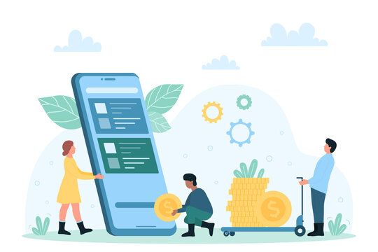 Money transfer, payment using mobile phone app vector illustration. Cartoon tiny people send cash money and pay online from screen of smartphone with credit cards, transaction with digital wallet