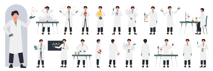 Scientist character in research poses, side, front and back view set vector illustration. Cartoon young man teaching chemical formula, holding book and light bulb, lab equipment isolated on white