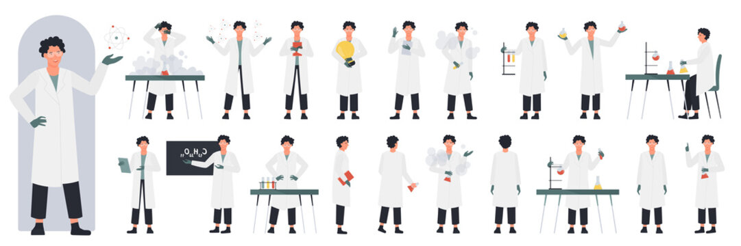 Scientist character in research poses, side, front and back view set vector illustration. Cartoon young man teaching chemical formula, holding book and light bulb, lab equipment isolated on white
