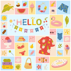 Hello summer, happy travel vacation set vector illustration. Cartoon inflatable flamingo toy and sunglasses, shorts and ice cream, tropical paradise fruit stickers in geometric collage background