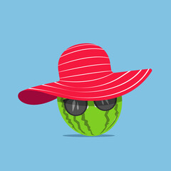 Concept design logo of summer vacation with watermelon wearing beach hat and sunglasses