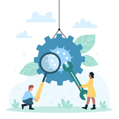 Tech support service for customers vector illustration. Cartoon tiny people work with wrench and magnifying glass to fix gear of mechanism, professional maintenance workers repair system with tools