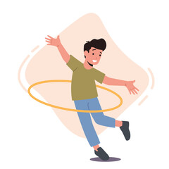 Happy Child Playing with Hula Hoop. Funny Preteen Kid Character Fun Spare Time, Recreation, Rolling and Spinning Ring