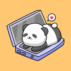 Cute panda lie down on laptop cartoon design