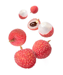Lychee fruit flying in the air isolated on white background.