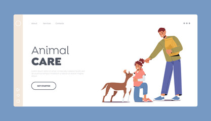 Animal Care Landing Page Template. Friendly Children Characters Feeding Dog. Kids Giving Food to Homeless Puppy