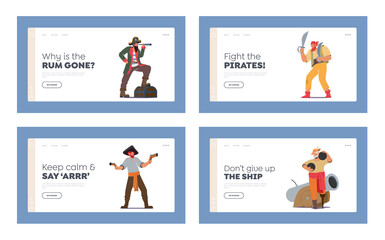 Pirates and Corsairs Landing Page Template Set. Characters with Guns, Sabers, Cannon Balls and Bottle of Rum, Picaroons