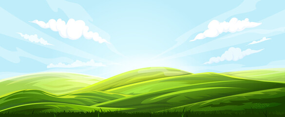 Plakat field background landscape vector. summer farm, agriculture meadow, green grass, land scene, sun countryside, hill scenery field background nature view cartoon illustration