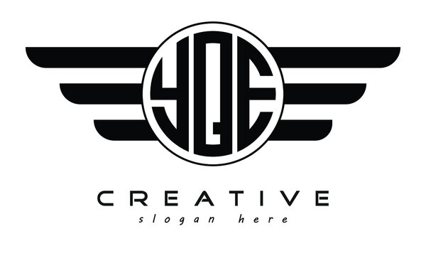YQE three letter circle with wings logo design vector template. wordmark logo | emblem logo | monogram logo | initial letter logo | typography logo | business logo | minimalist logo |