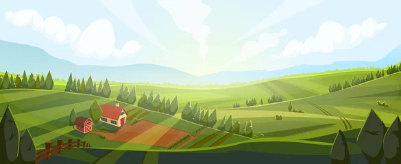 Fototapeten rural field landscape vector. background farm, summer countryside, agriculture land, grass meadow, country green hill, spring village rural field nature view cartoon illustration © PikePicture
