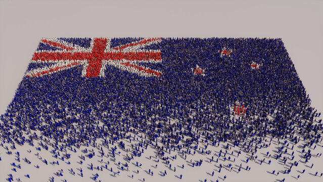 New Zealand Flag formed from a Crowd of People. Banner of New Zealand on White.