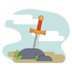 Sword stuck in stone in flat style. Vector illustration.