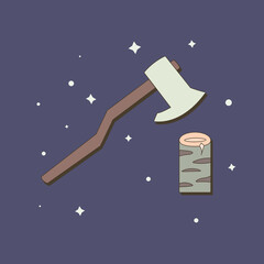 Powerful magic axe weapon in flat style with stars. Vector illustration