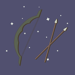 Powerful magic bow weapon in flat style with stars. Vector illustration