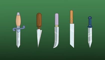 Set of weapons in a flat style. Collection of knives. Vector illustration