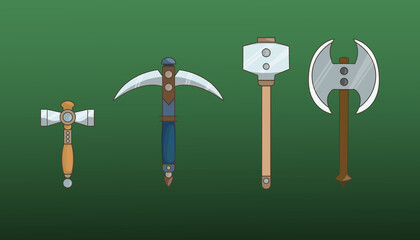 Set of weapons in a flat style. Axe, sledgehammer, pickaxe. Vector illustration