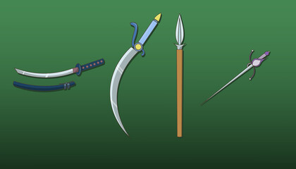 A set of weapons in flat style. Katana, rapier, saber, spear. Vector illustration