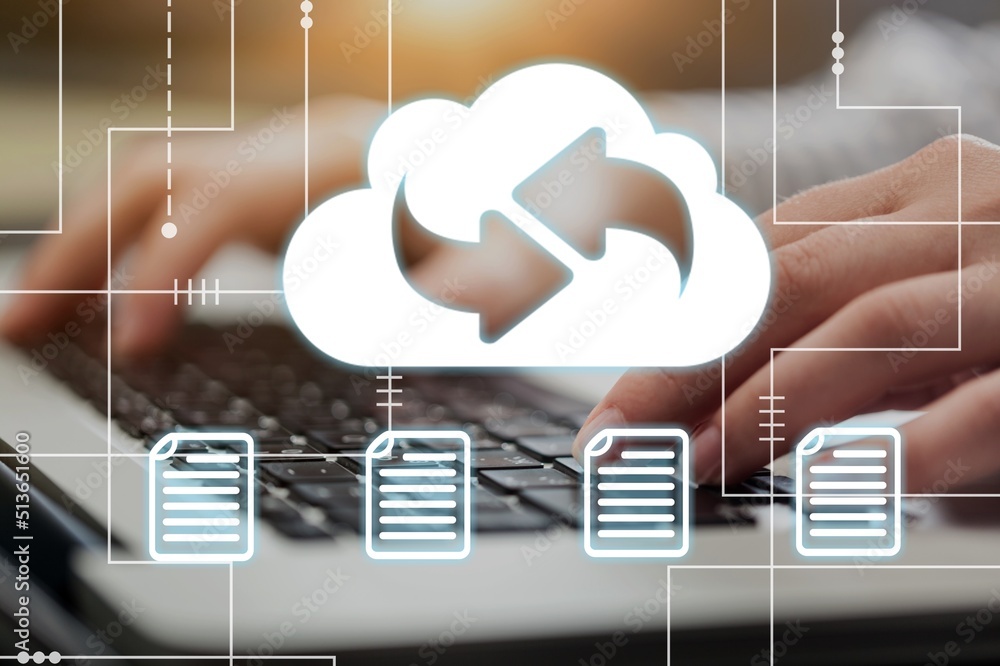 Poster digital documents icons. keyboard and data files sharing with cloud storage