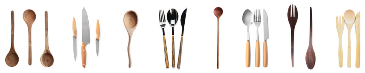 Set of new kitchen utensils on white background, top view - obrazy, fototapety, plakaty