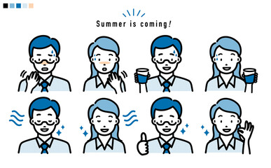 夏のサラリーマン男性と女性の上半身 イラスト_青系