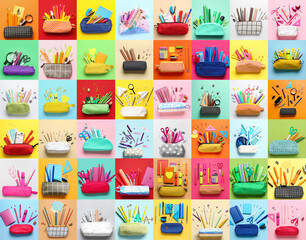 Collage with many pencil cases and stationery on colorful background
