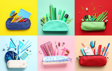 Collage with pencil cases and stationery on colorful background