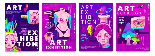 Naklejka premium Psychedelic art exhibition invitation banner set with trendy acid design of greek sculpture. Vector cartoon crazy posters with girl statue and planet, eyes and mushroom, background with paint splashes