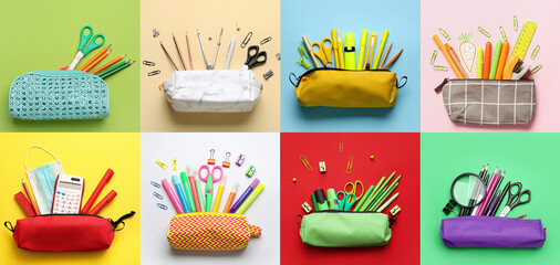 Collage with many pencil cases and stationery on colorful background