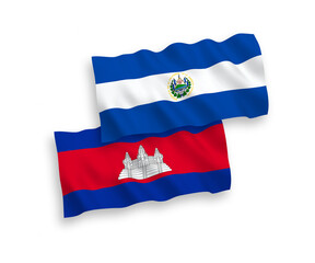 National vector fabric wave flags of Kingdom of Cambodia and Republic of El Salvador isolated on white background. 1 to 2 proportion.