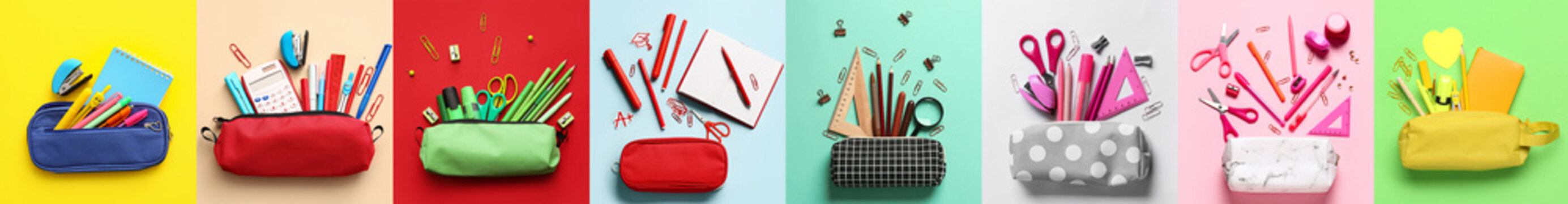 Set of pencil cases with stationery on colorful background