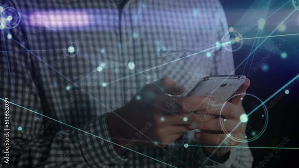 Poster Animation of networks of connections with icons over man using smartphone