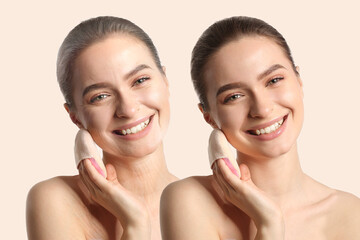 Portrait of beautiful young and mature woman on light background. Process of aging