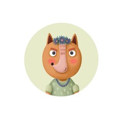 Cute round icon with cartoon fox. Portrait of a stylized animal. Forest animals.