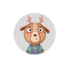 Cute round icon with cartoon deer. Portrait of a stylized animal. Forest animals.