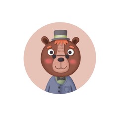 Cute round icon with a cartoon bear in a hat. Portrait of a stylized animal. Forest animals.